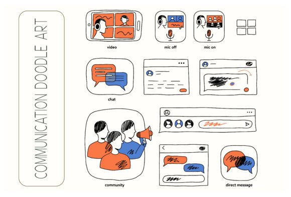 Digital Communication Doodle Icon Set