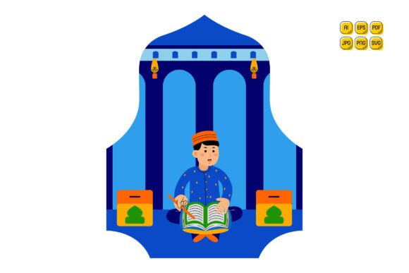 Man Reading Quran in Mosque Vector Illustration Set