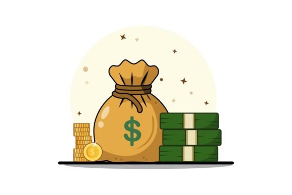 Money Bag with Coins and Stack of Dollar