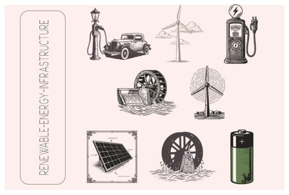 Renewable Energy Infrastructure Icon: A Vintage-Style Vector Collection for Green Technology