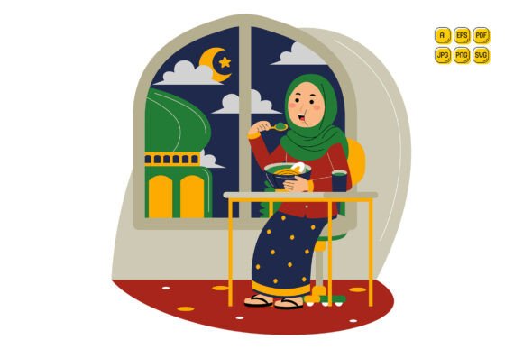 Woman Eating Meal During Ramadan Night